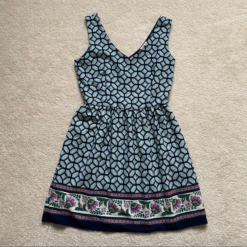 Printed V-neck Dress with Gems and Flowers